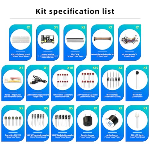 DaFuRui Electronics Component Kit,37 Values Total 480 Pcs Electronic Component Assortment Kit with Power Supply Module 830 tie-Points Breadboard Compatible with Arduino
