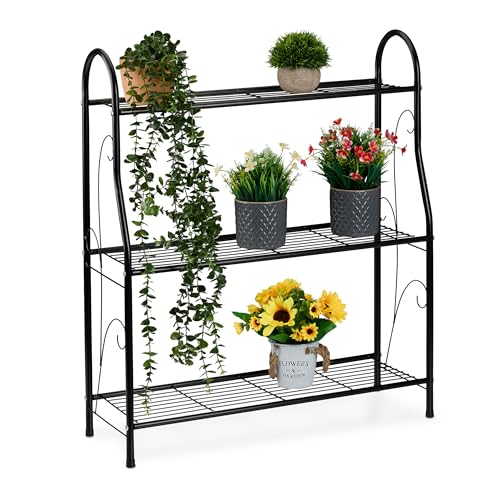 Relaxdays Estantería para Plantas, 3 Baldas, Macetas y Maceteros, Metal, Escalera Flores, 83 x 71 x 24,5 cm, Negro