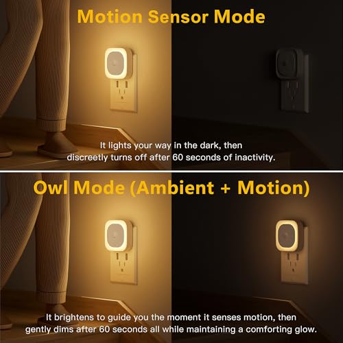 Image of YUNLEX 2 Pack Plug in Night Light with Motion Sensor & Dusk to Dawn Sensor, 3 in 1, Dimmable Reflected Light, Warm White Nightlight for Living Room, Bathroom, Hallway, Stairs