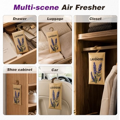 Image of 12 Pack Lavender Scented Sachets for Closet and Drawer, Hanging Air Freshener Deodorizer for Stagnant Air, Long Lasting Odor Eliminator for Clothes, Wardrobe, Car and Home Storage