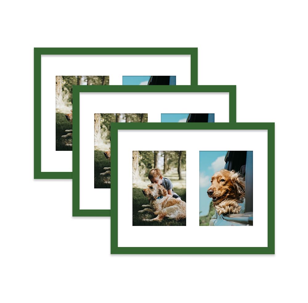 Green Multi Photo Frame - Holds 2 x 7x5 Pictures, Family Collage Picture Frame for Wall Display, 14x11 Frame size, Set of 3