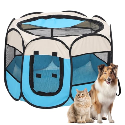 Recinto per Cani da Interno, Portatile Box Cani per Interno ed Esterni, Box Pieghevole per Cane e Gatti, Kennel Cane Piccolo, Gabbia per Gatto, Cucciolo Conigli,74 x 74 x 43 cm (Beige-Blu)