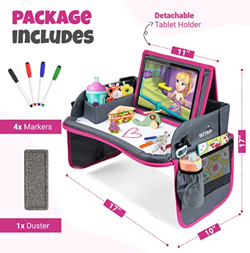 Image of Kids Travel Tray with Dry Erase Board - Car Seat Tray for Kids Travel, Carseat Table Top for Toddler, Lap Desk for Car Seat, Activity Organizer & Snack Holder, Road Trip Essentials for Kid (Pink)