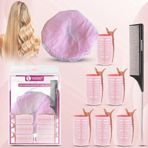 Image of Majestique Hair Curler Roller Kit with Reusable Shower Head Cap - Hair Roller Curler for Volume & Styling | Velcro Hair Rollers with Tail Comb & Clips | Heatless Hair Curler Set for Women | Hair Styling Tools 8Pcs Multicolour