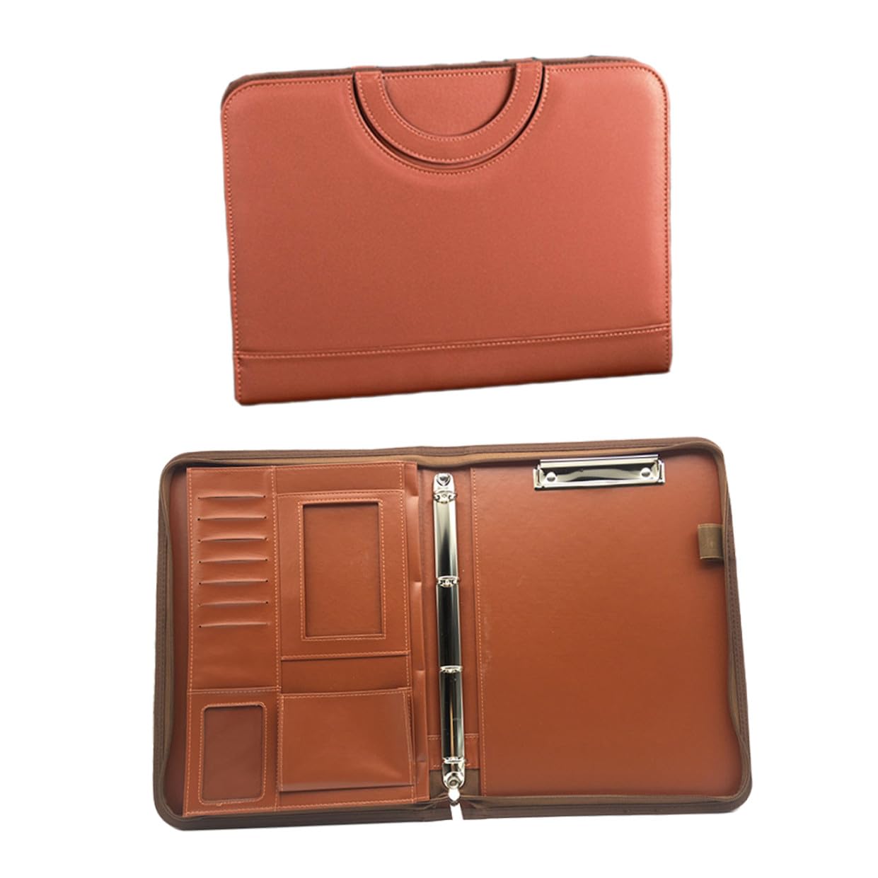Angoily Porte Document Marron en Cuir Pu avec Classeur à 3 Anneaux, Calculatrice Intégrée et Pochette Extérieure, pour Bureau Professionnel et Organisation de Documents