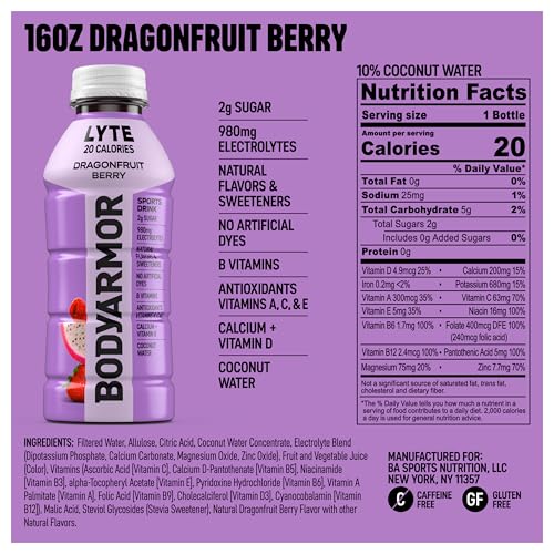 Image of BODYARMOR LYTE, Dragonfruit Berry, Electrolyte Drink, 20 Calories, 16 Fl Oz Bottles (6 Pack), Coconut Water Sports Drink, Natural Flavor & B Vitamins