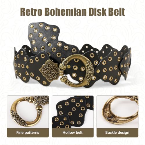 Image of SANNIDHI Women Leather Belt Dresses Stylish Vintage Boho Waist Belt Western Punk Cow Metal Buckle Belts Y2K Accessories Belt Jeans, Dresses, Skirts, Black