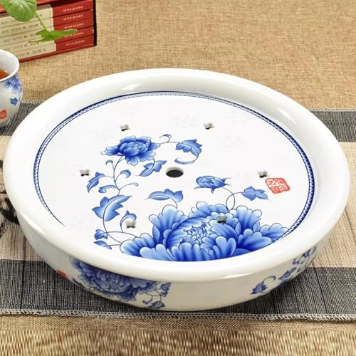Image of Porcelain Tea Tray, Double-Layer Ceramic Tray Round Elegant Blue & White Design, Large Capacity Water Basin, Smooth & Easy to Clean