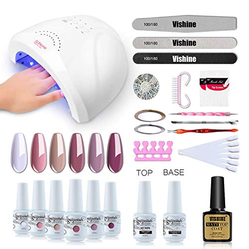 Vishine Gel Nail Polish Starter Kit with 48W SUNOne UV LED Nail Lamp Speed Dryer Manicure Tools 6 Pretty Colors Gel Polish Base and Top Coat #03