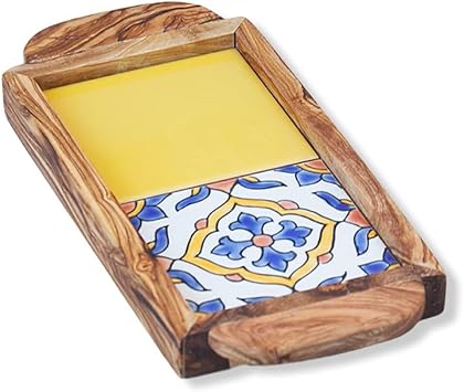 Olive Wood Serving Tray - Decorative Coffee Table & Ottoman Tray with Handles & Hand Painted Ceramic Tile - Rustic Wooden Kitchen Tray for Tea & Coffee Service. Alhambra