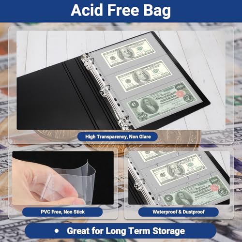 Image of 360 Pockets Acid Free Currency Sleeves, 60 Pack Dollar Bill Sleeves for Collecting Cash, Banknotes or Coupons, Fit for 3 Ring Binder Currency Album, Non Stick and Non Glare