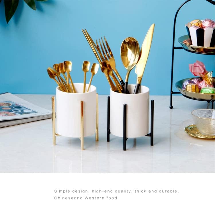 Miniatura 6 de SIEBOLD Soporte resistente para bolígrafo para escritorio de cerámica, vaso de lápiz de combinación simple con soporte de metal negro (4.6 - 3.14