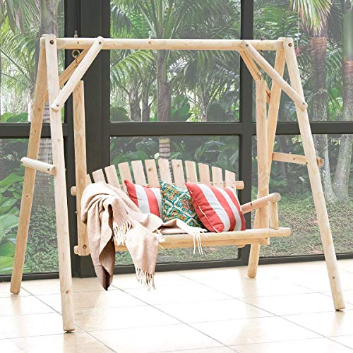 Safstar Porch Swing, Outdoor Wooden Swing With A-Frame For 2 Person, Rustic Hardwood Swing Chair For Patio Garden Yard, 6.5' Wooden Swing Bench For Adult Senior Toddler, Natural #TOP5
