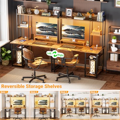 Image of Cyclysio Gaming Desk with Hutch, 39'' Computer Desk with LED Lights & Power Outlets, Home Office Desk with Reversible 5 Tiers Storage Shelves & Monitor Stand, Small Gaming Table for Small Space,Rustic