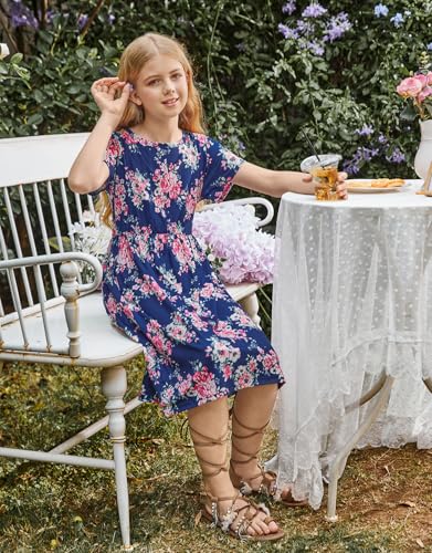 21KIDS Girl Maxi Dress Floral Short Sleeve Dresses with Pockets for Girls 6-14 Years3
