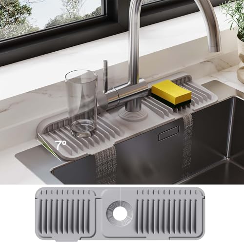 18 Inch Silicone Faucet Mat for Kitchen Sink Splash Guard – 2025 Upgraded Draining Mat with Water Tray Behind Faucet – Countertop Protectors to Catch Spills (Gray, 17.7