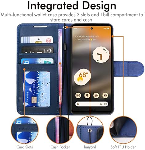 TECHGEAR Pixel 6a Leather Wallet Case, Flip Protective Case Cover with Wallet Card Holder, Stand and Wrist Strap - Blue PU Leather with Magnetic Closure Designed For Google Pixel 6a