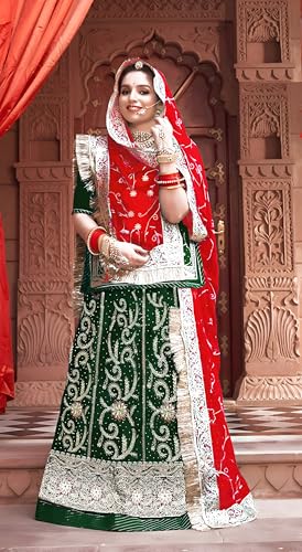 Image of Fancy Heavy Embroidery Work Shimmer Silk Semi-stitched Rajasthani Poshak Rajputi Lehenga Choli For Women