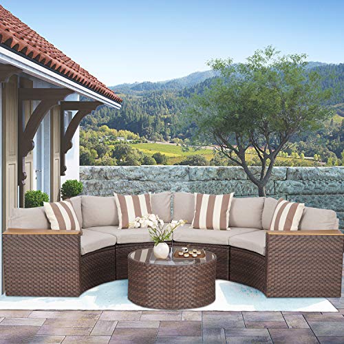 Incbruce Outdoor Half Moon Patio Furniture 5-Piece Curved Outdoor Sofa, All-Weather Outdoor Sectional Furniture Patio Conversation Sets With Round Tempered Glass Top Table And Cushions (Brown) #TOP2