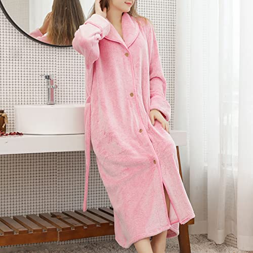 Lu's Chic Women's Plush Long Robe Ladies Soft Fluffy Long Sleeve Bathrobe Button Up Housecoat Winter Thick Warm Tea Length Fuzzy Fleece Spa Bath Maternity Duster Robe Pockets Pink Large #TOP3