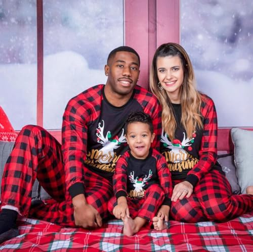 Image of IFFEI Matching Family Pajamas Sets Christmas PJ's with Letter and Plaid Printed Long Sleeve Tee and Bottom Loungewear