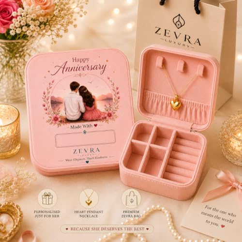 Image of Happy Anniversary Personalized Jewellery Box with free Anti Tarnish Heart Pendant Necklace & Gift Bag | Custom Name Gift for Wife |Gift for Couple |