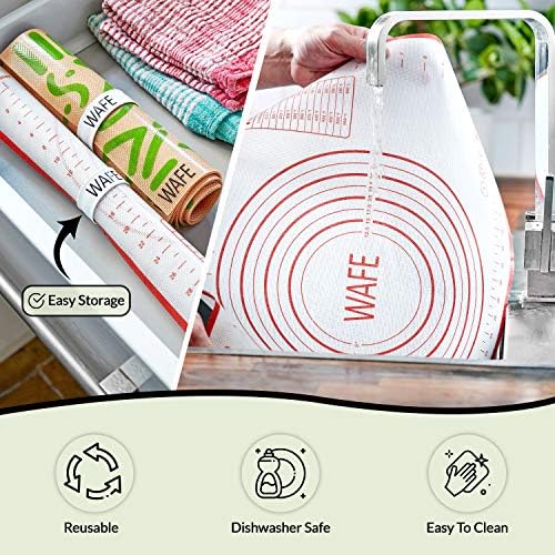 WAFE Silicone Baking Pastry Mat with Measurements  3 Non-Slip Dough Rolling Mats - Thick, Non-Stick Counter Table Fondant Kneading Mat - Cooking & Kitchen Accessories - Easy to Clean BPA-Free RED
