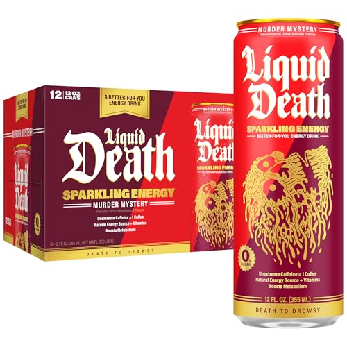 Liquid Death Sparkling Energy - Murder Mystery (Cherry Vanilla and Spice Flavor), Sugar-Free Energy Drink, Unextreme Caffeine 100mg, Essential Vitamins, 12 Fl Oz (Pack of 12)