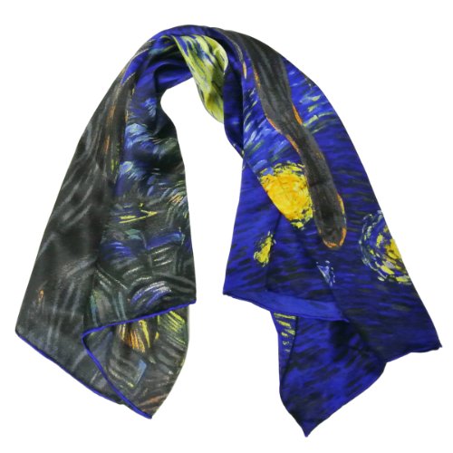 allydrew Luxurious 100% Charmeuse Silk Square Scarf with Hand Rolled Edges - Van Gogh's Starry Night