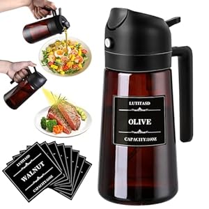Olive Oil Sprayer for Cooking 2 in 1 – Oil Dispenser with Spray and Pour, 16oz/470ml Brown Oil Spray Bottle for Kitchen, Air Fryer, Salad, BBQ(Black)