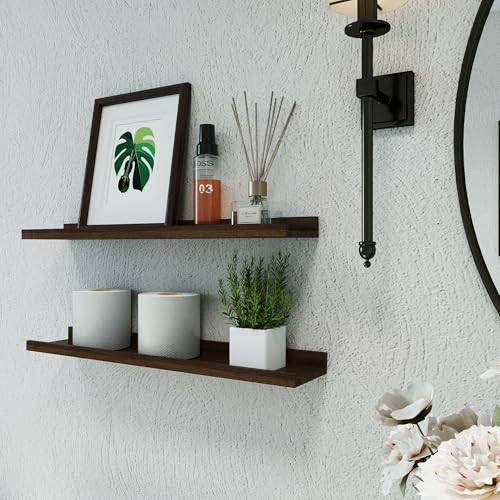 Image of Walnut Floating Shelves for Wall Decor, 24 in Shelf with Lip, 2 Set | 4.5 inch Deep Display Picture Ledge Shelf, Long Wall Mounted Storage Shelves for Bedroom, Bathroom, Living Room, Kitchen, Nursery