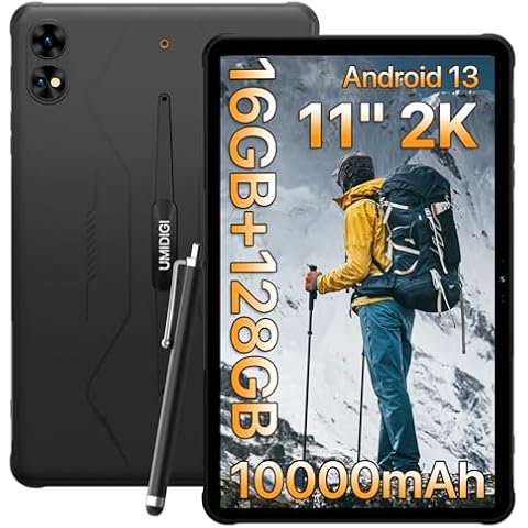 UMIDIGI 2K 11inch Rugged Tablet Android 13,Active T1 Octa-core 16GB RAM+128GB ROM,10000mAh,16+16+8MP Camera Waterproof Tablet with SIM Card Slot Unlocked/Stylus Pen/4G LTE/WiFi-5/BT 5.0/GPS,Warranty Cover