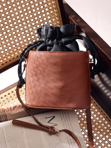 Image of white lily Women's Bucket Bag with Drawstring, Black and Brown Two-Tone, Adjustable Shoulder Strap