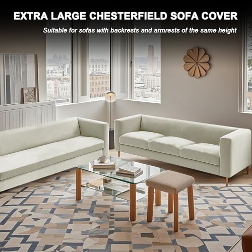 Sofá Chesterfield con funda elástica de terciopelo Extra Lar marfil protector premium 4