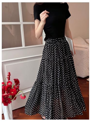 Verdusa Women's Polka Dots Ruffle Maxi Skirt Elastic High Waisted A Line Flowy Long Skirts3