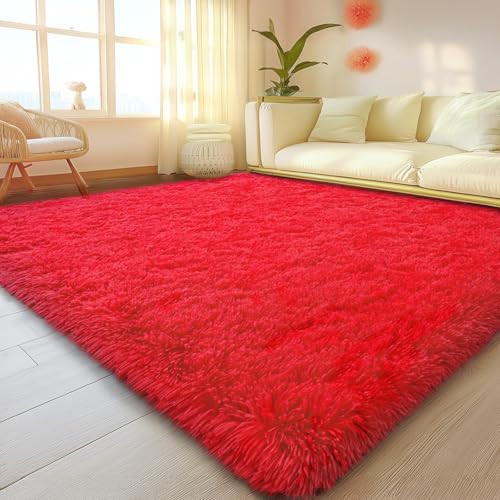 Red Rugs for Living Room, 5x7 Large Fluffy Area Rugs for Bedroom, Soft Carpet Shag Kids Rug with 4 Non-Slip Rug Pads (Red, 5ft x 7ft)
