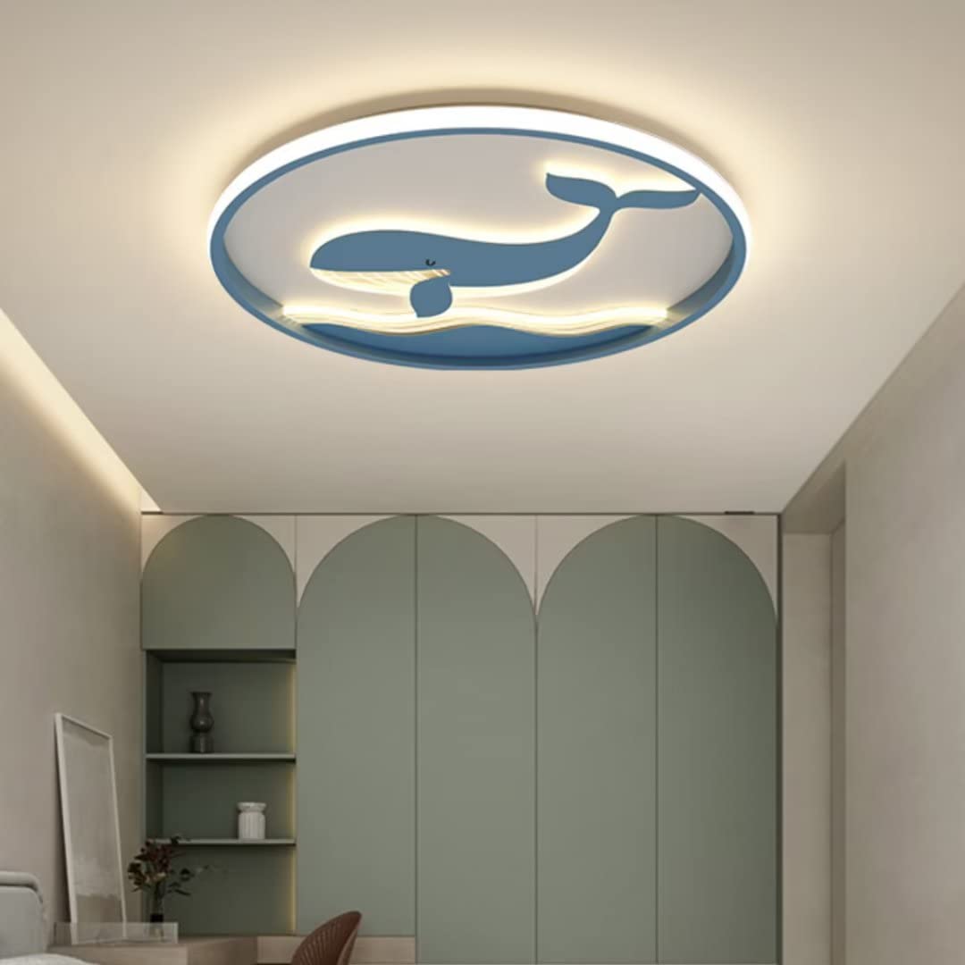DUNMW 3D Blue Whale Ceiling Light Cartoon Round LED Ceiling Lamp Chandelier for Bedroom, Living Room, Children's Room, Stepless Dimmable, 15.9'', 39W