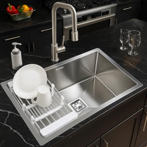 Image of EVANEX Handmade Single Bowl Kitchen Sink - 30x18x10 inches|304 Stainless Steel Sink with Matte Finish| Kitchen Sink Including Coupling, Waste Pipe & Vegetable Washing Basket|Sink for Kitchen Basin