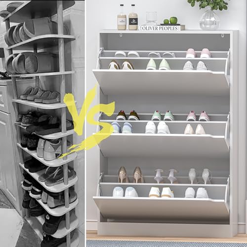 Image of Shoe Storage Cabinet for Entryway, White Shoe Cabinet with 3 Flip Drawers, Hidden Shoes Rack Freestanding Storage Organizer for Entryway,Closet, Living Room,Hallway 47.24 inchH x 31.50 inchW x 9.44 inchD