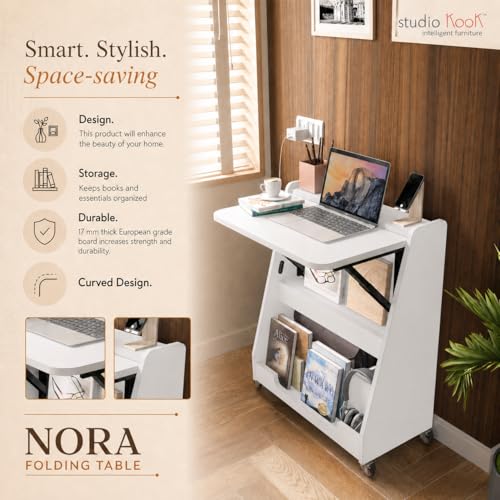 Image of Studio Kook Nora Folding Table (Study Table, Multipurpose Desk with Wheels, Engineered Wood, Matte Finish) (Moonshine White)