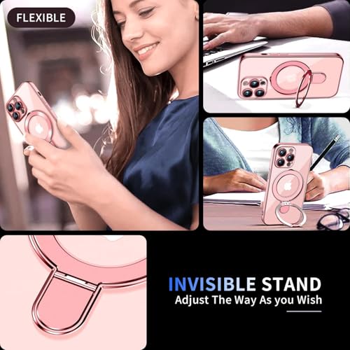 Image of Magnetic for iPhone 13 Pro Case with Invisible Stand[Compatible with MagSafe][Full Camera Lens Protector][Military Drop Protection] Shockproof Not Yellowing Clear Soft Slim for Women Men,Pink
