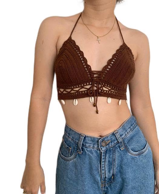 Crochet Halter Crop Top with Cowrie Shell Trim, Brown-picture-27