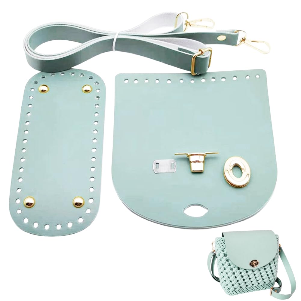 CALFOVERA DIY PU Leather Oval Handbag Bottom Knitting Kit Adjustable Shoulder Strap Purse Top Flap Cover Handbag Crochet Bag Base Shaper Pad Accessories for Crossbody Making Replacement(Aquamarine)