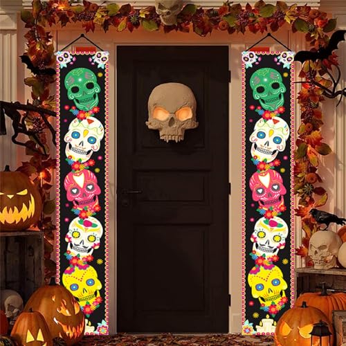 Banner decorações de Halloween, decoração de Halloween banners, bandeira para porta, 2 peças bandeiras para porta bandeira dia dos mortos bandeira entrada ideal para casa e jardim