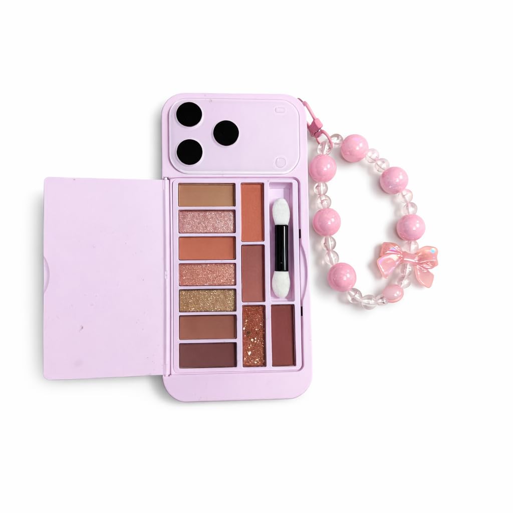 2 in 1 Faux Phone Case Makeup Palette with Mirror & Applicator | Pastel Portable Eyeshadow Kit | Compact Travel Makeup Box with Beaded Strap (Pink)