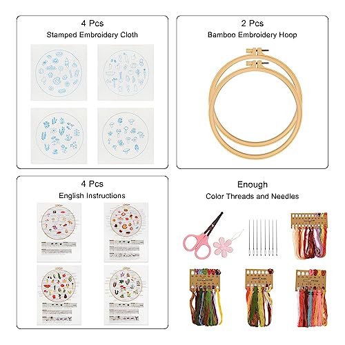 Image of Lukinbox 4 Pack Embroidery Kit for Beginners, Hand Cross Stitch Kits for Adults, DIY Fabric Embroidery Starter Kits with Fruit Flower Patterns, 2 Embroidery Hoops, Clothes, Threads and Needles