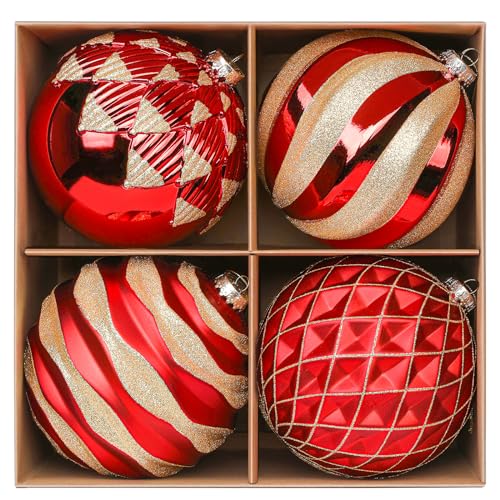 Alupssuc 6/150mm Large Christmas Ball Ornaments 4Pcs Christmas Tree Decor Shatterproof Hanging Decorations with Hooks Red & Gold Baubles for Xmas Tree Wedding Holiday and Party Decor