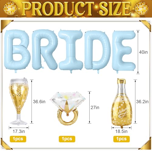 Image of 40inch Bride Balloons Baby Blue Letters Banner, Bachelorette Party Decorations Set with Diamond Ring Champagne Bottle Balloon Glass Foil Balloon for Bachelorette Engagement Wedding Bridal Shower Decor