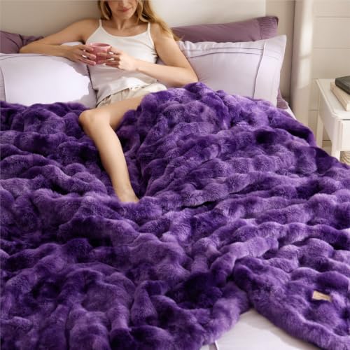 Image of Bedsure Fluffy Bubble Faux Fur King Blanket, 104 inchx90 inch, Tie-dye Purple