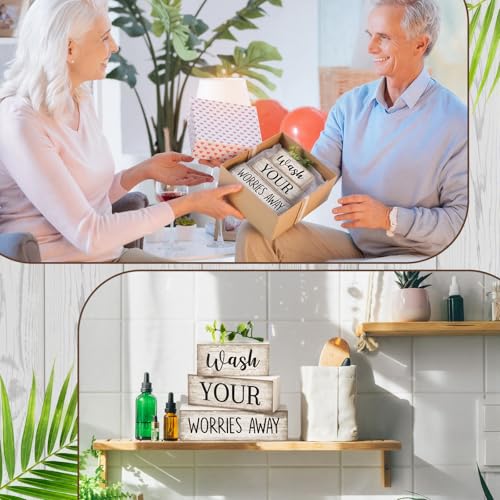 Image of Moucuny 4 Pcs Farmhouse Laundry Room Decor Stacked Blocks Wash Your Worries Away Sign Funny Bathroom Shelf Decor and Accessories Rustic Eucalyptus Leaves Block Signs for Home Bathroom Toilet Washroom